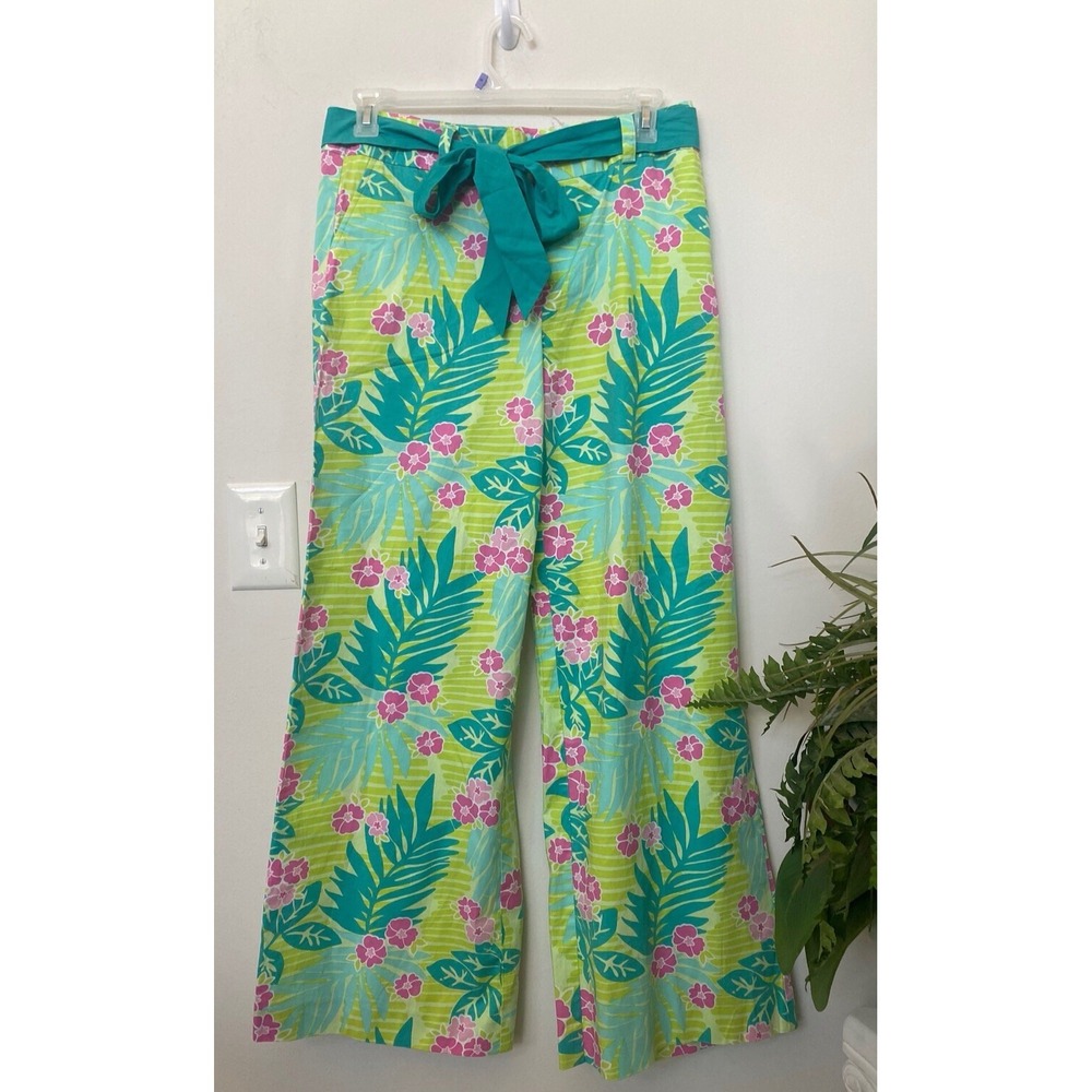 New Lilly Pulitzer Green Multicolor Cotton Wide Leg Floral Pant Sz 12 Ret. $128.